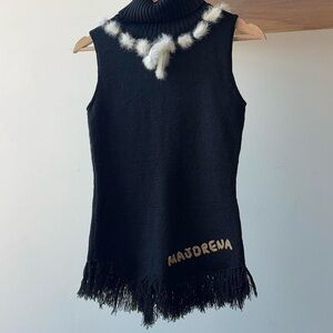 Black Faux-Fur Trim Sleeveless Knit Tank